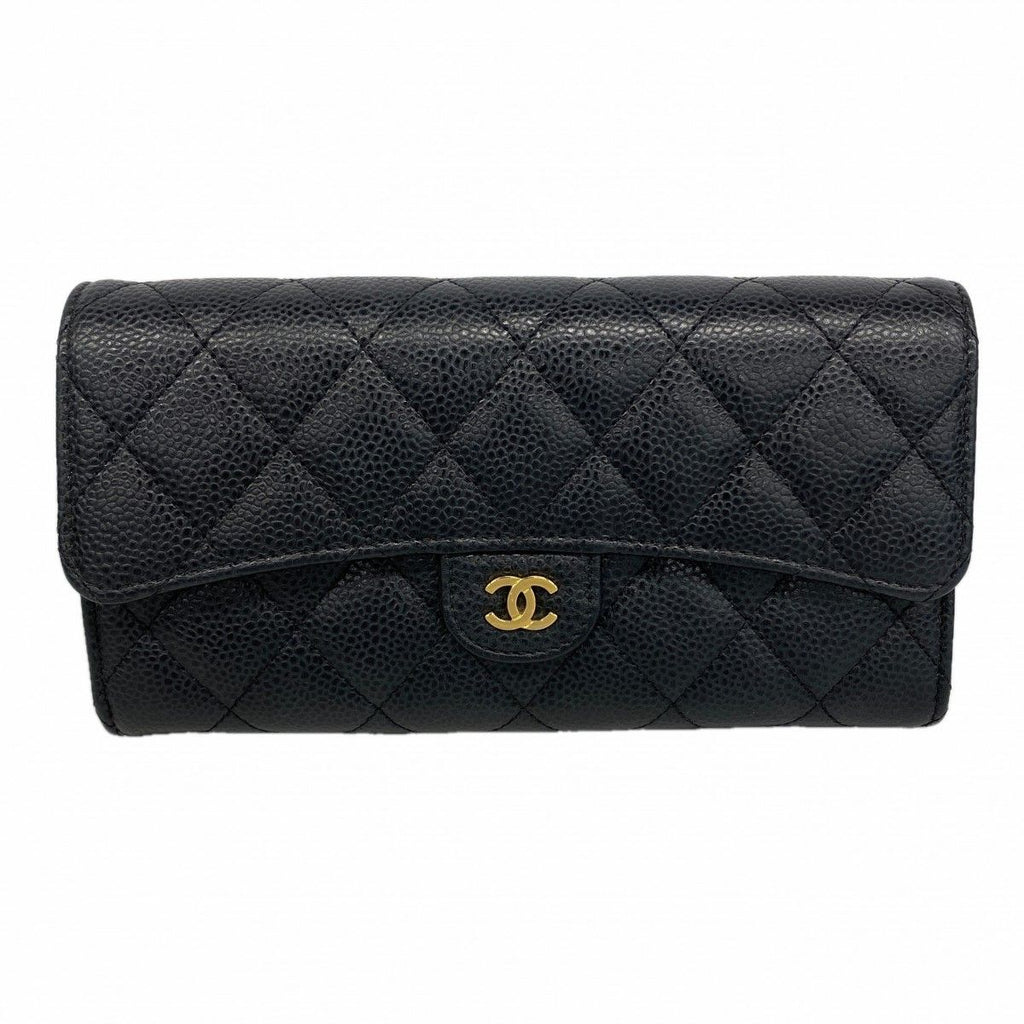 Chanel Wallet Quilted Caviar Leather Black Gold