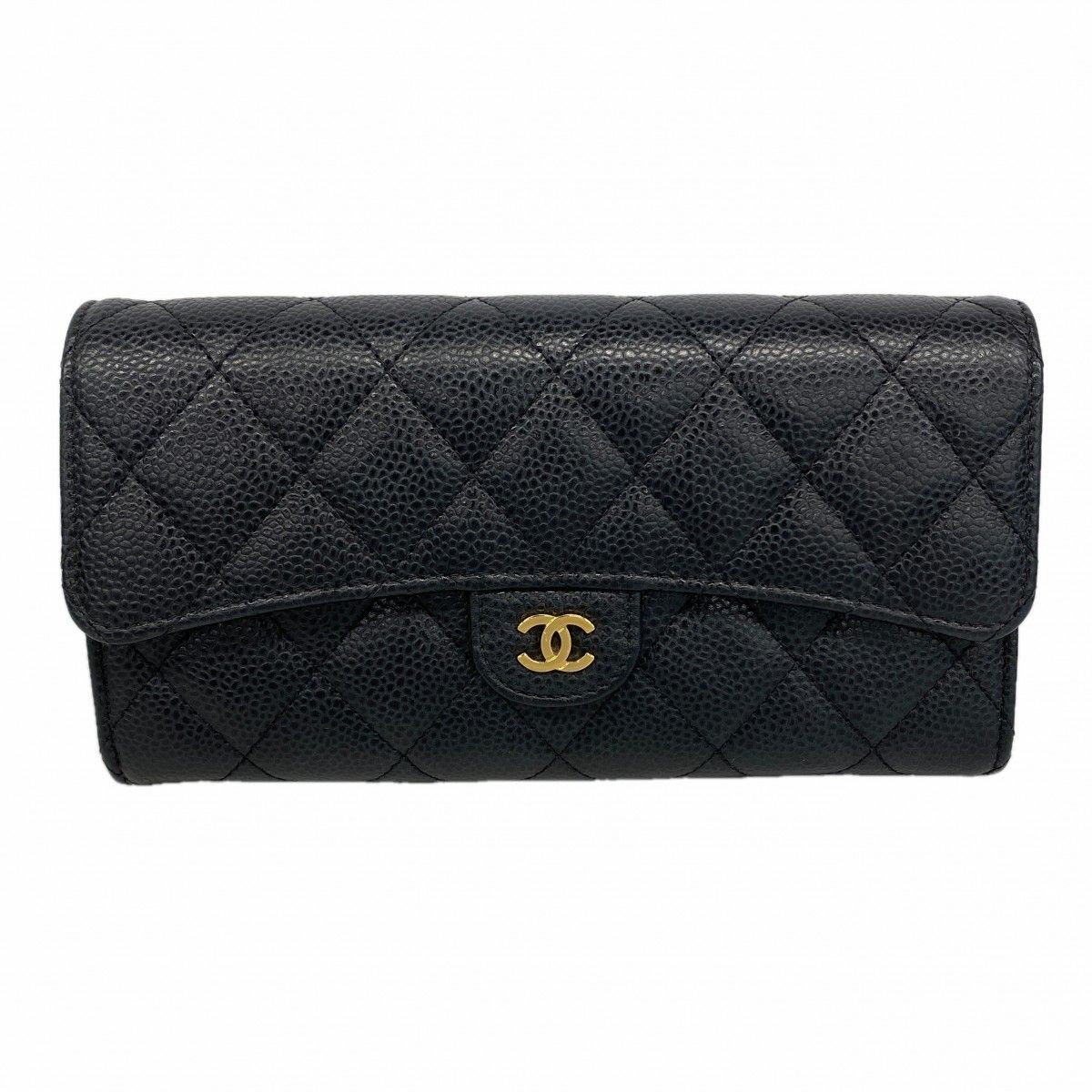 Chanel Wallet Quilted Caviar Leather Black Gold