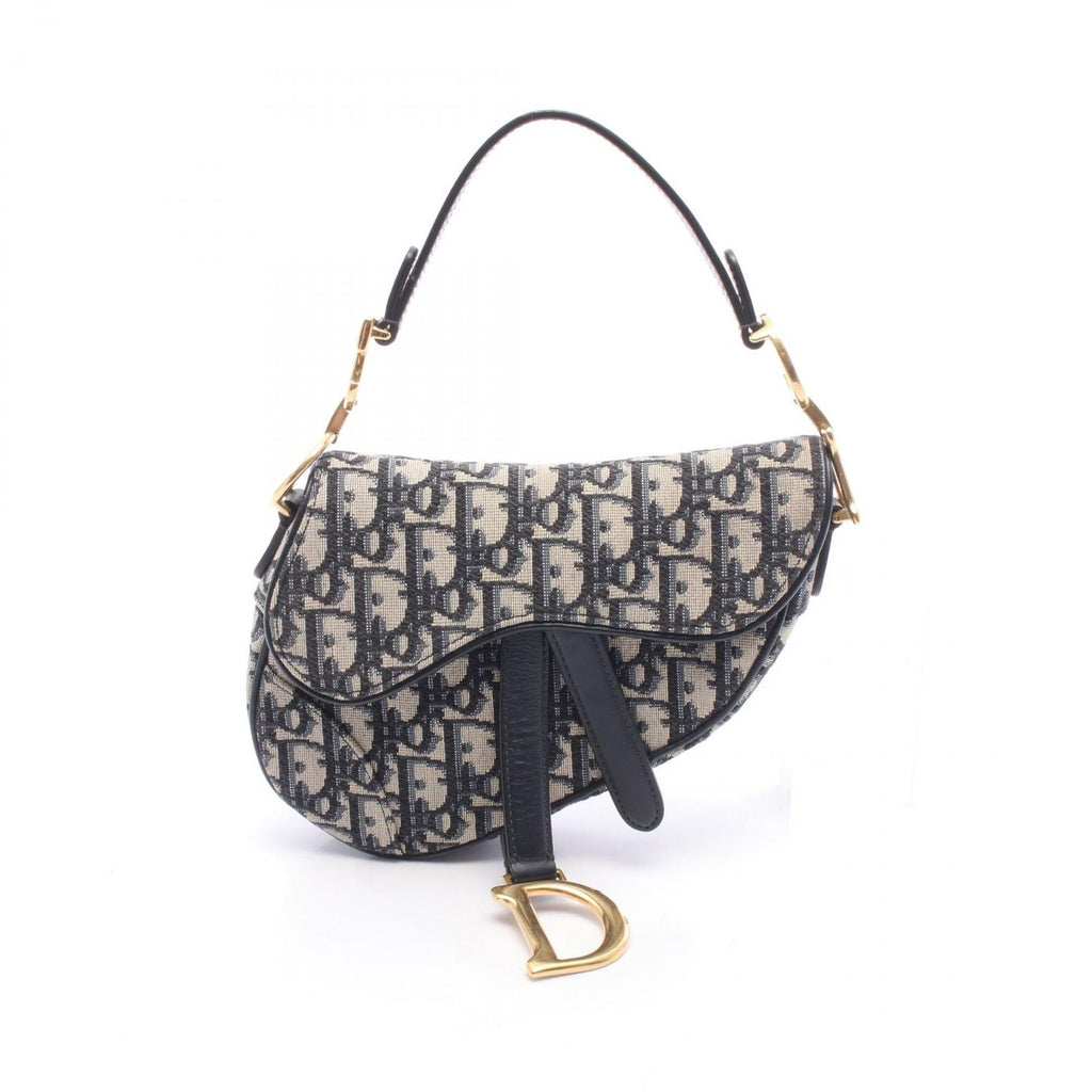 Dior Handbag Saddle Oblique Ivory Navy Canvas Leather Bag Mini