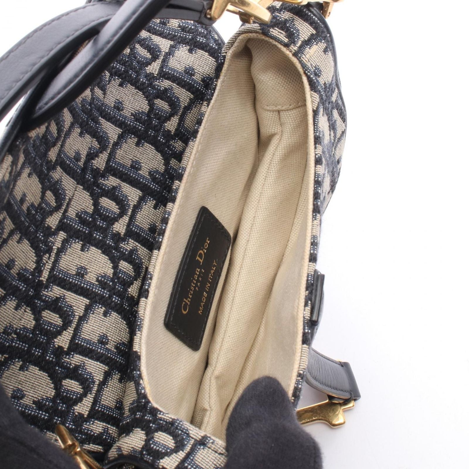Dior Handbag Saddle Oblique Ivory Navy Canvas Leather Bag Mini — view 3
