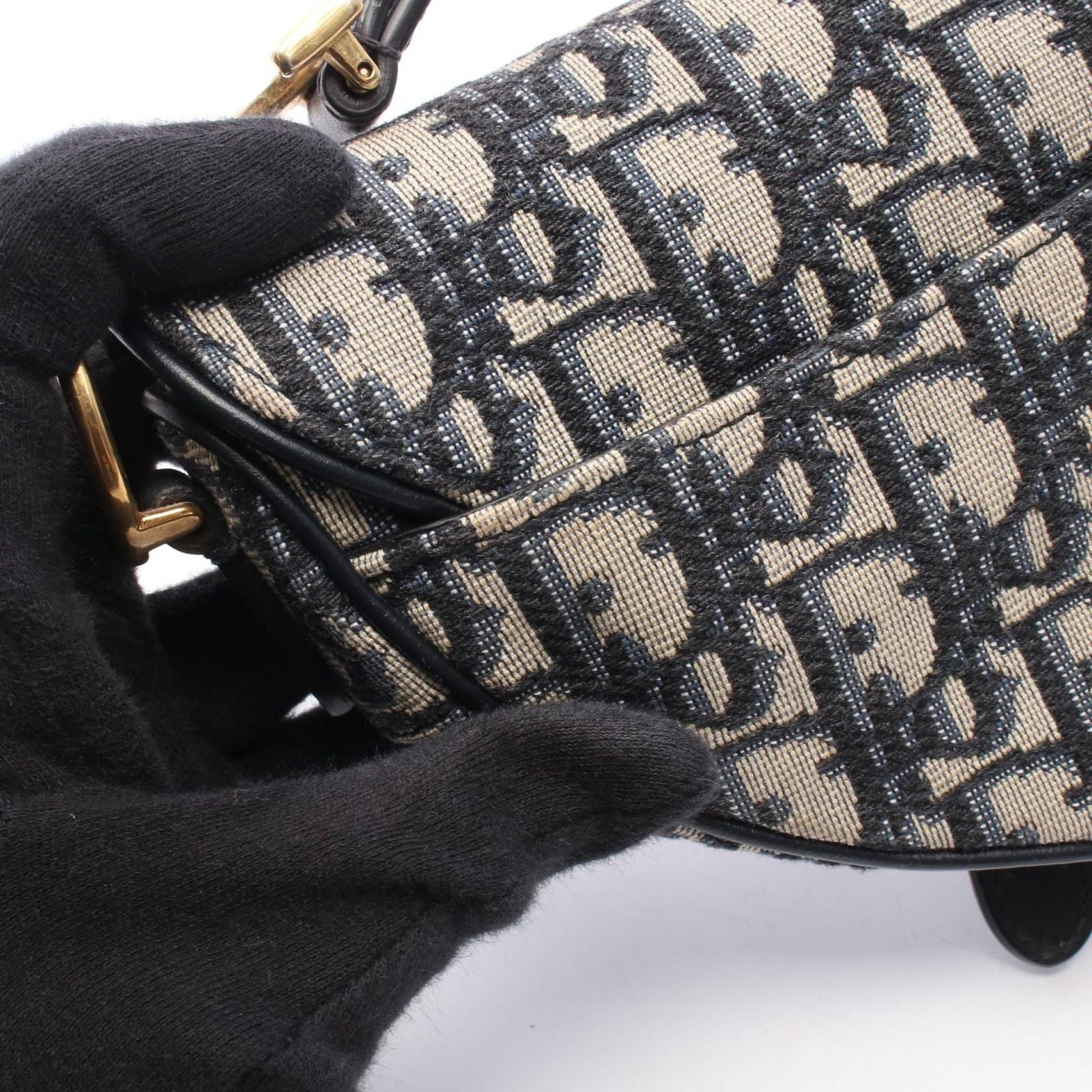 Dior Handbag Saddle Oblique Ivory Navy Canvas Leather Bag Mini — view 5