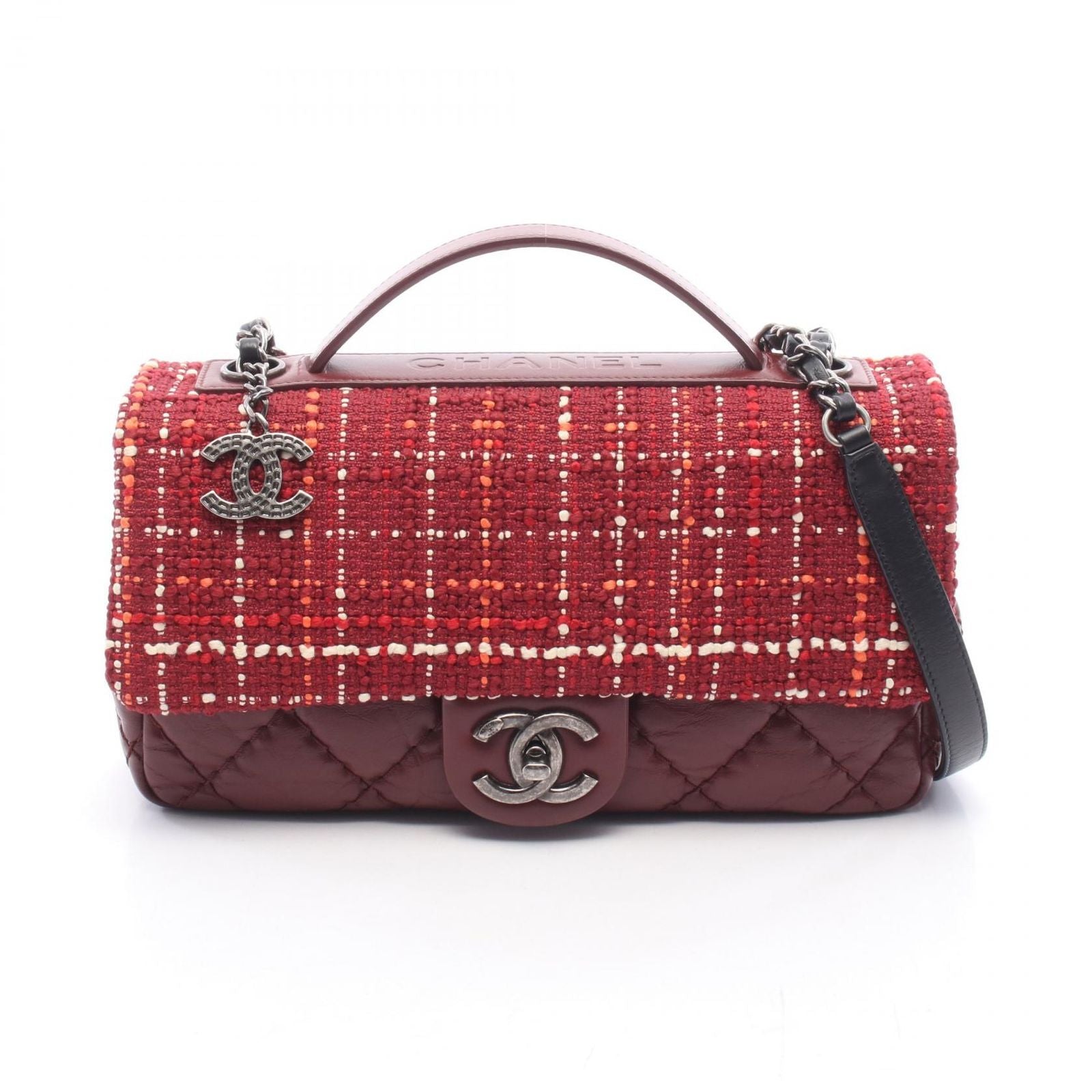 Chanel Shoulder Bag Air Line Quilted Top Handle 2-Way Red Fabric Leather Chain