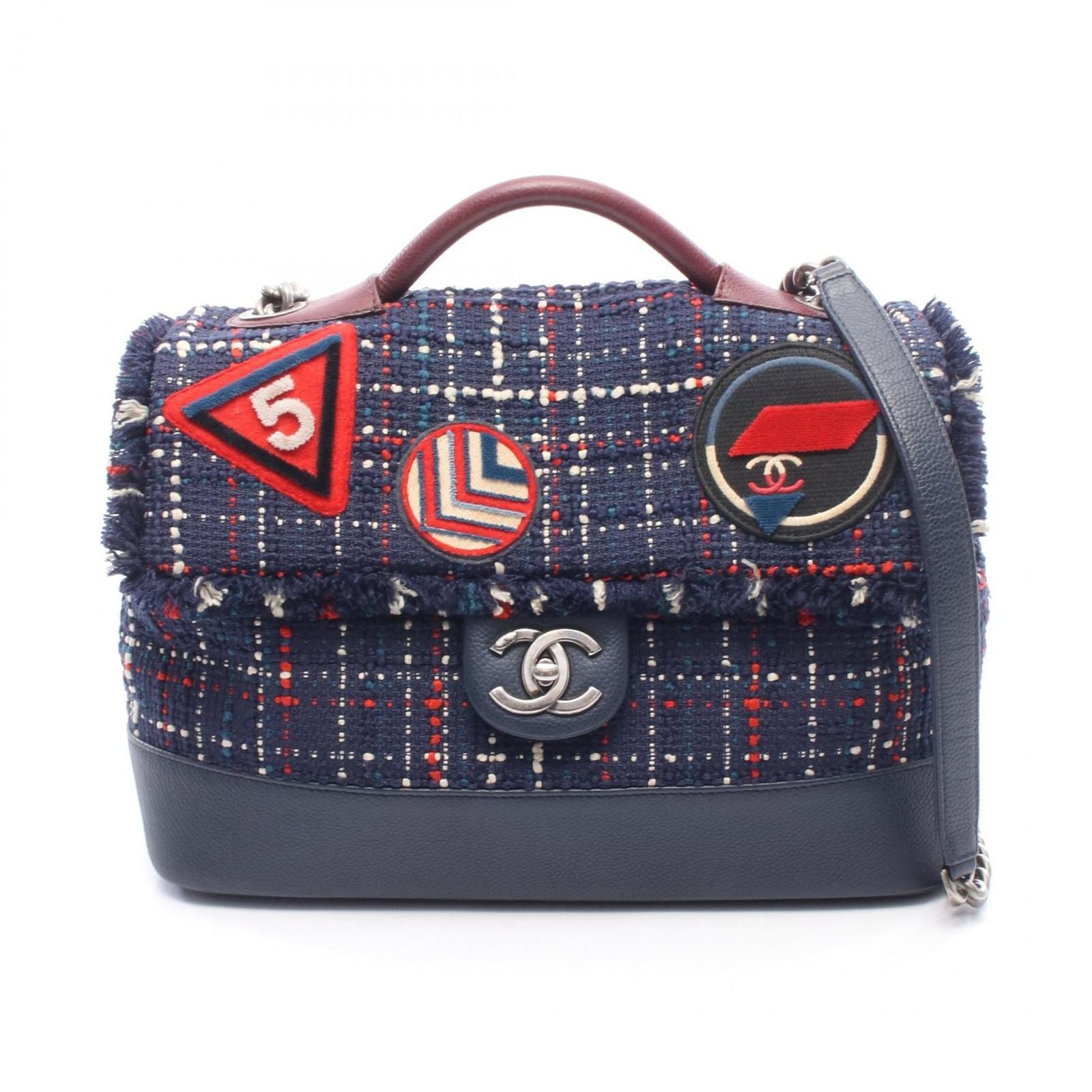 Chanel Shoulder Bag Air Line Navy Wine Red Fabric Leather Air 2-Way
