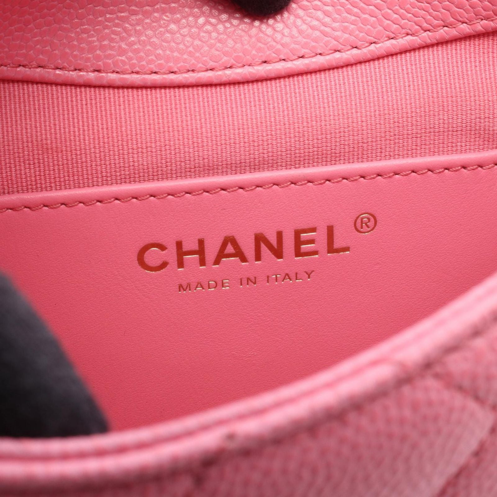 Chanel Shoulder Bag Quilted Mini Messenger Pink Caviar Leather Round Flap Chain — view 4