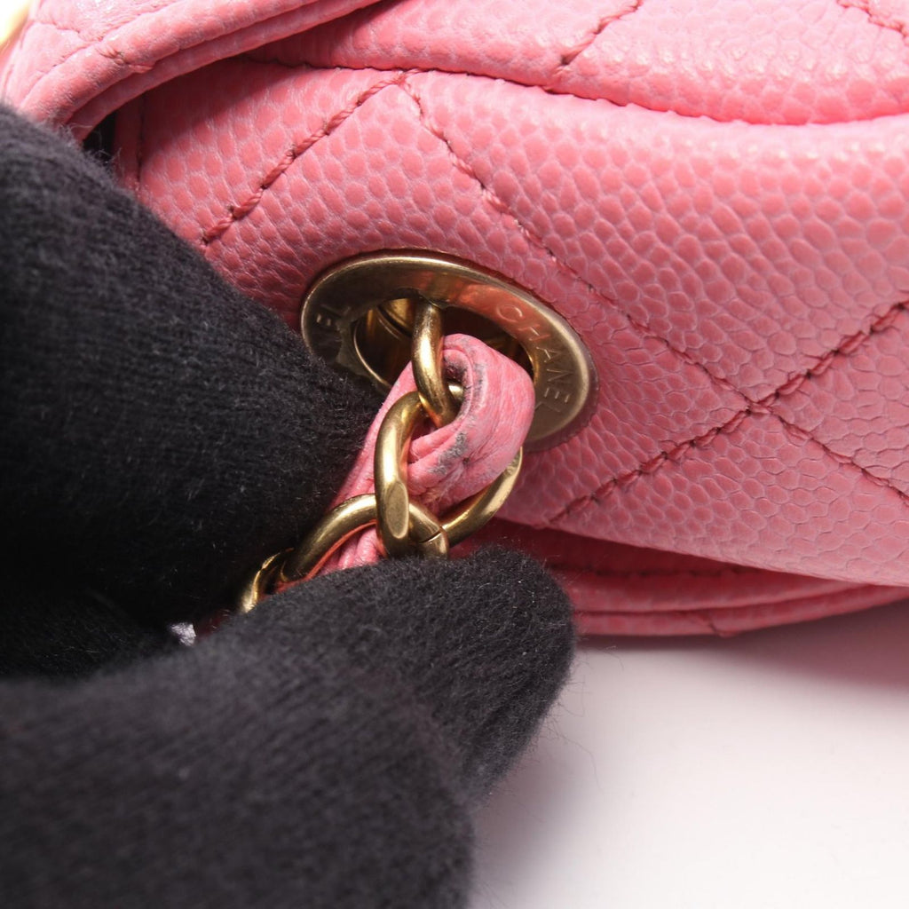 Chanel Shoulder Bag Quilted Mini Messenger Pink Caviar Leather Round Flap Chain — view 7