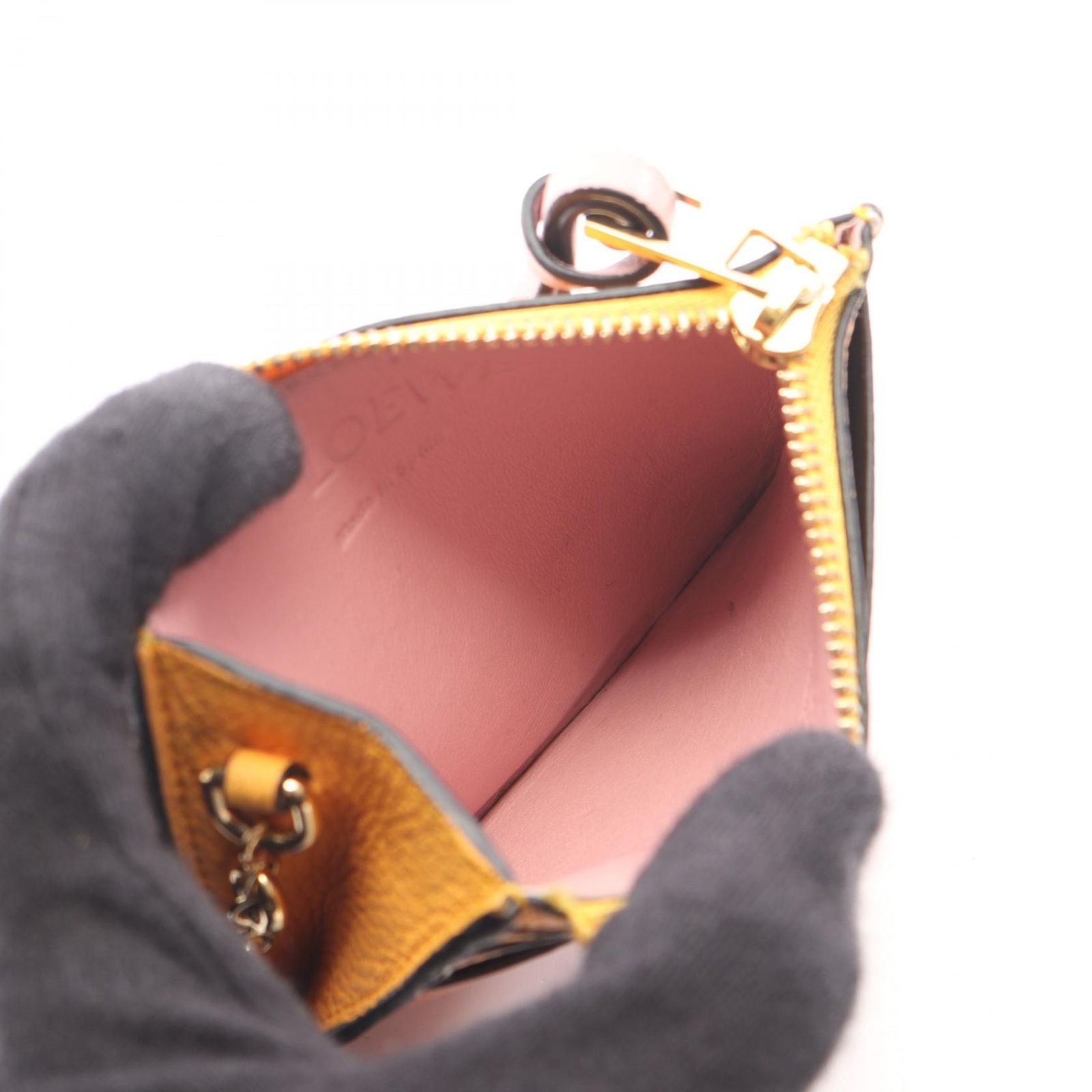 Loewe Coin Case Anagram Square Card Holder with Key Ring Apricot Orange Leather — view 3