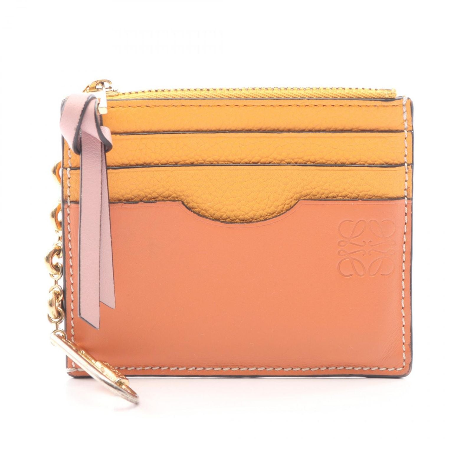 Loewe Coin Case Anagram Square Card Holder with Key Ring Apricot Orange Leather