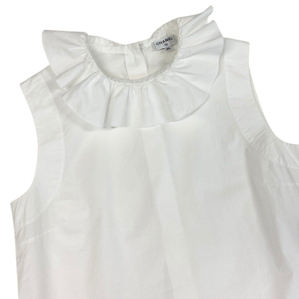 Chanel Frill Neck Sleeveless Shirt Back Button 34 White Cotton — view 4