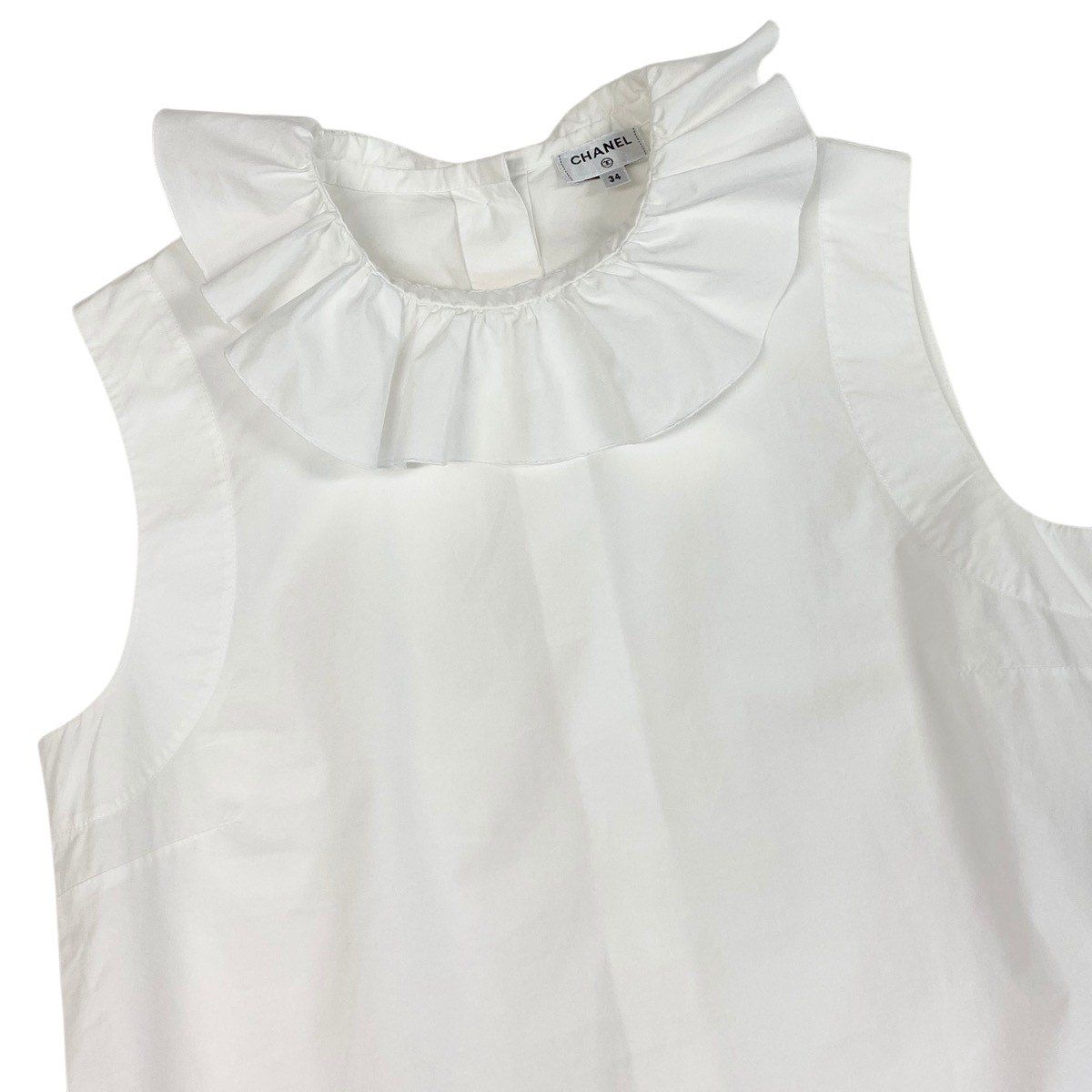 Chanel Frill Neck Sleeveless Shirt Back Button 34 White Cotton — view 4