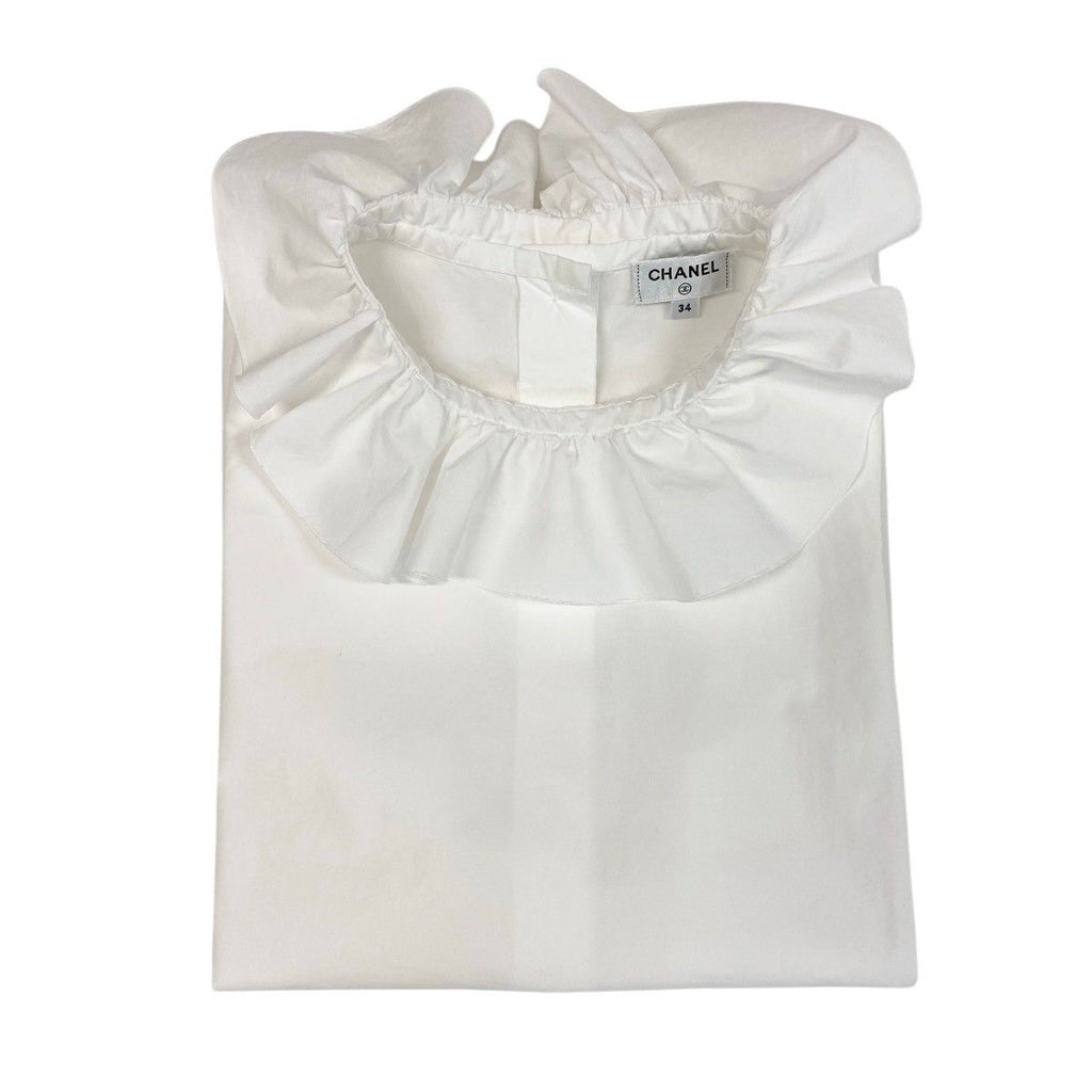 Chanel Frill Neck Sleeveless Shirt Back Button 34 White Cotton — view 7