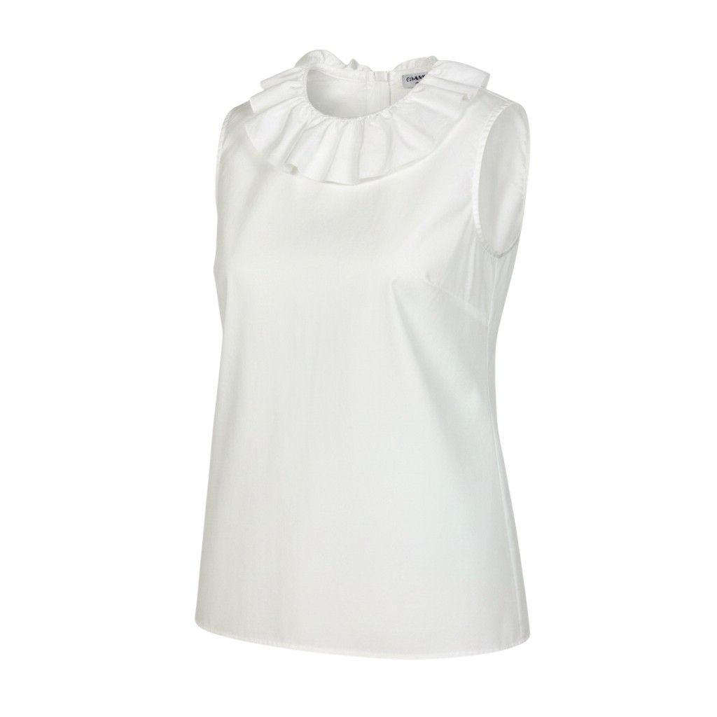 Chanel Frill Neck Sleeveless Shirt Back Button 34 White Cotton