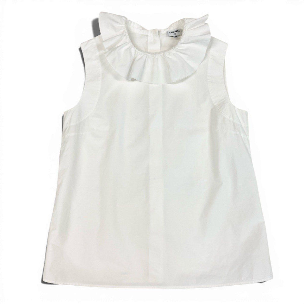Chanel Frill Neck Sleeveless Shirt Back Button 34 White Cotton — view 2