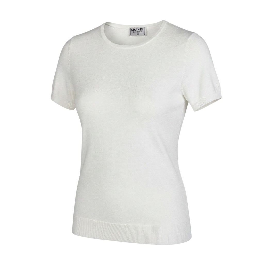 Chanel CC Logo Short Sleeve Knit Sweater 40 White Cotton