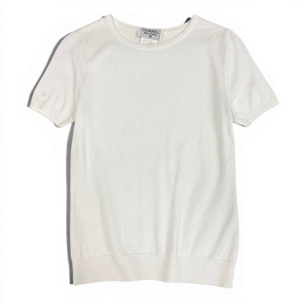 Chanel CC Logo Short Sleeve Knit Sweater 40 White Cotton — view 2