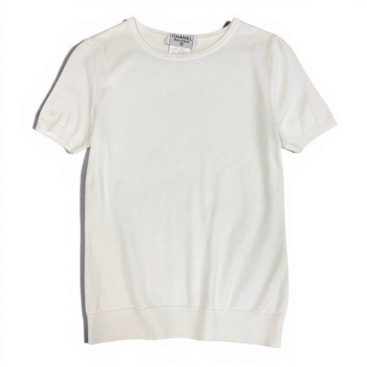 Chanel CC Logo Short Sleeve Knit Sweater 40 White Cotton — view 2