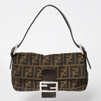 Fendi Mamma Baguette Bag Canvas Leather Brown Zucca Pattern Silver