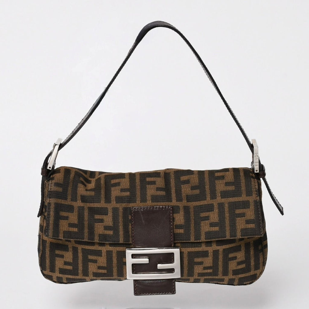 Fendi Mamma Baguette Bag Canvas Leather Brown Zucca Pattern Silver
