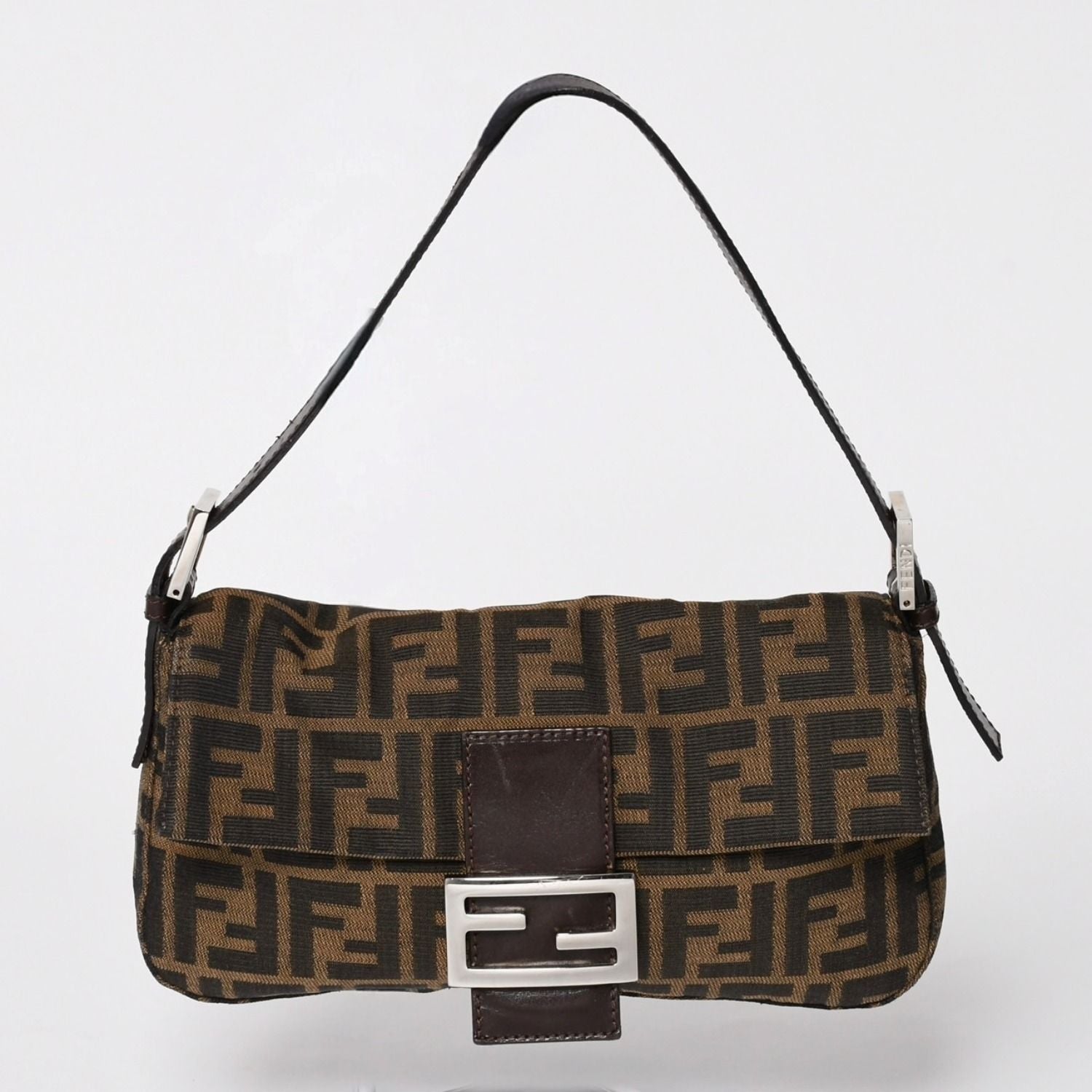 Fendi Mamma Baguette Bag Canvas Leather Brown Zucca Pattern Silver