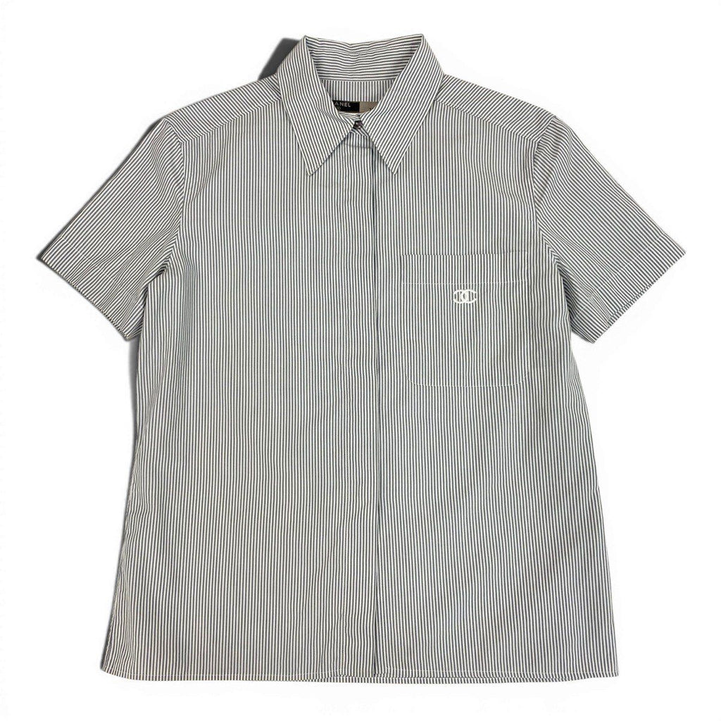 Chanel CC Logo Short Sleeve Striped Shirt 38 Gray White Cotton