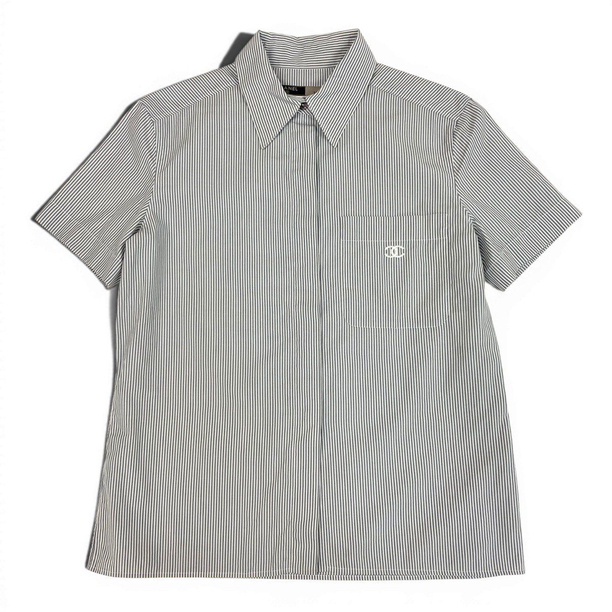 Chanel CC Logo Short Sleeve Striped Shirt 38 Gray White Cotton