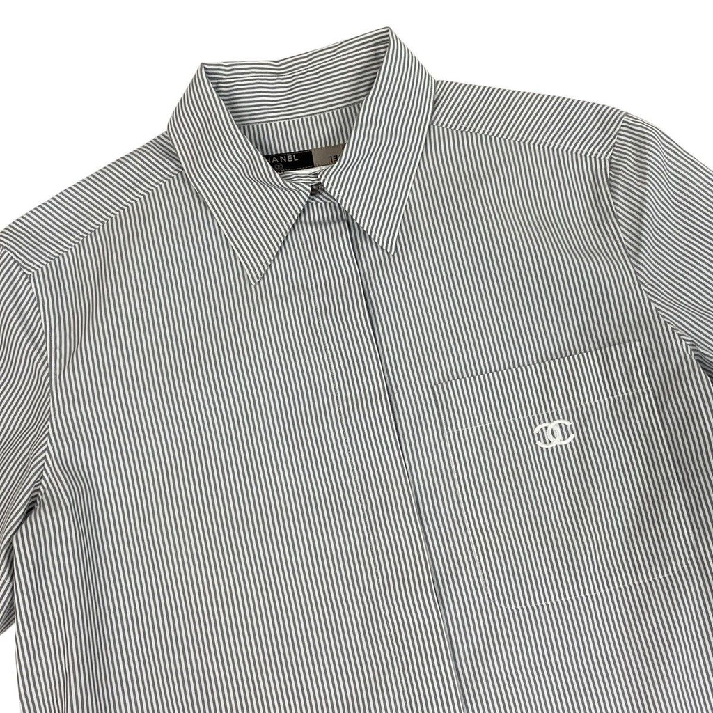 Chanel CC Logo Short Sleeve Striped Shirt 38 Gray White Cotton — view 3