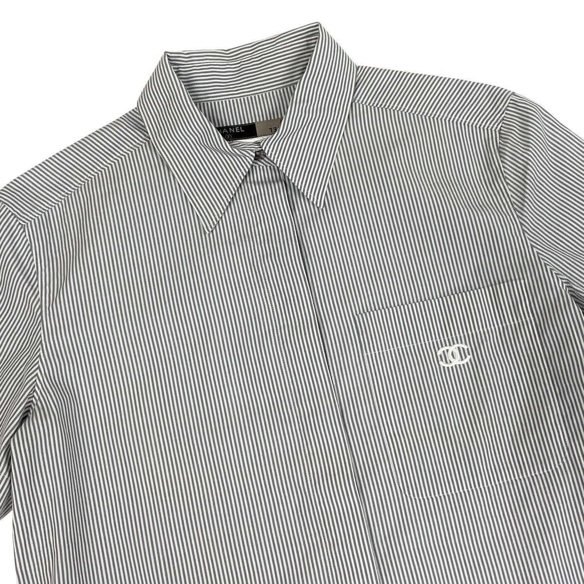 Chanel CC Logo Short Sleeve Striped Shirt 38 Gray White Cotton — view 3
