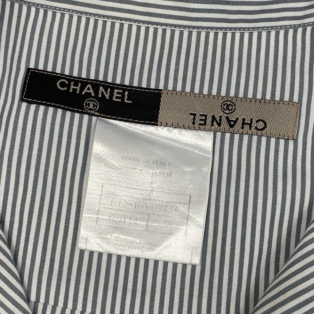 Chanel CC Logo Short Sleeve Striped Shirt 38 Gray White Cotton — view 8