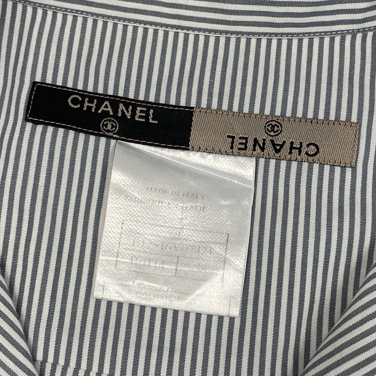 Chanel CC Logo Short Sleeve Striped Shirt 38 Gray White Cotton — view 8
