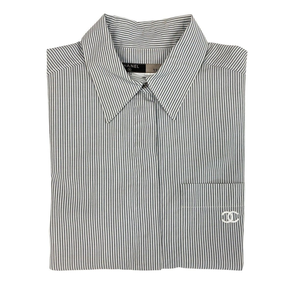 Chanel CC Logo Short Sleeve Striped Shirt 38 Gray White Cotton — view 5