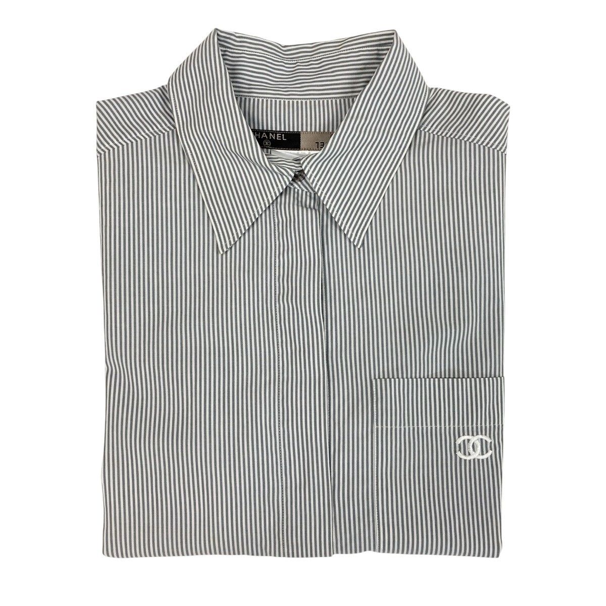 Chanel CC Logo Short Sleeve Striped Shirt 38 Gray White Cotton — view 5