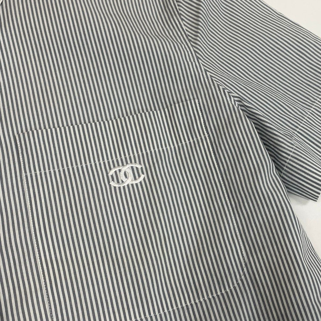 Chanel CC Logo Short Sleeve Striped Shirt 38 Gray White Cotton — view 6