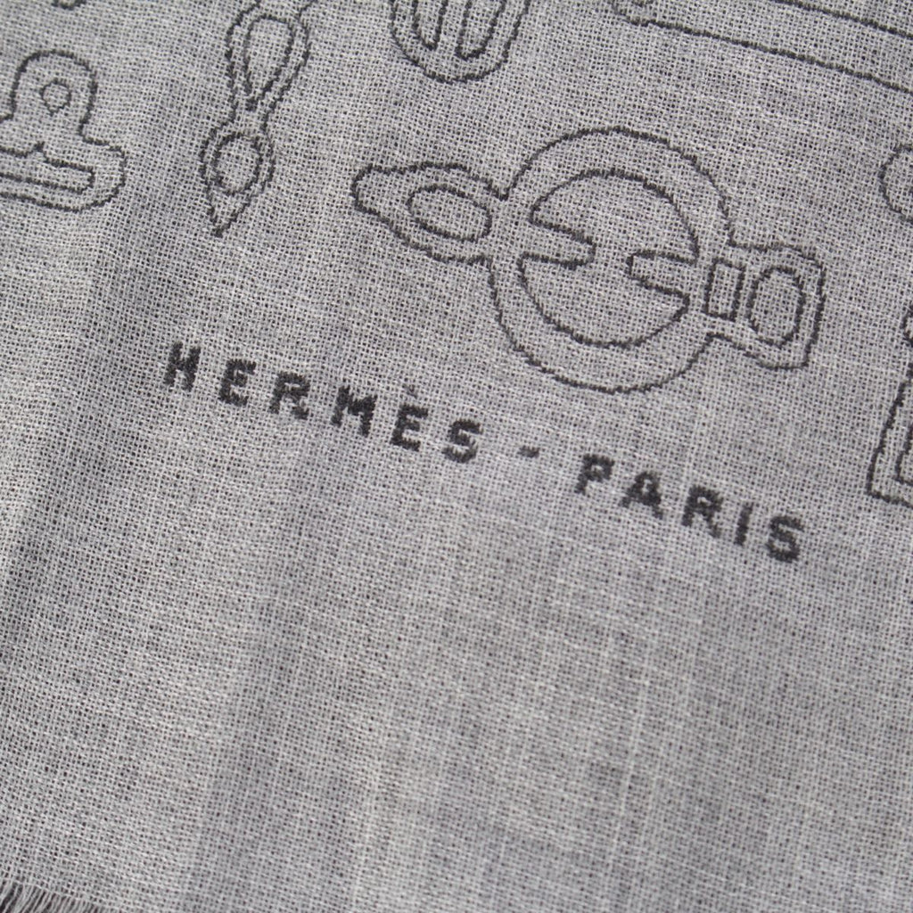 Hermes Cashmere Silk Horse Tack Pattern Large Shawl Scarf Gray — view 7