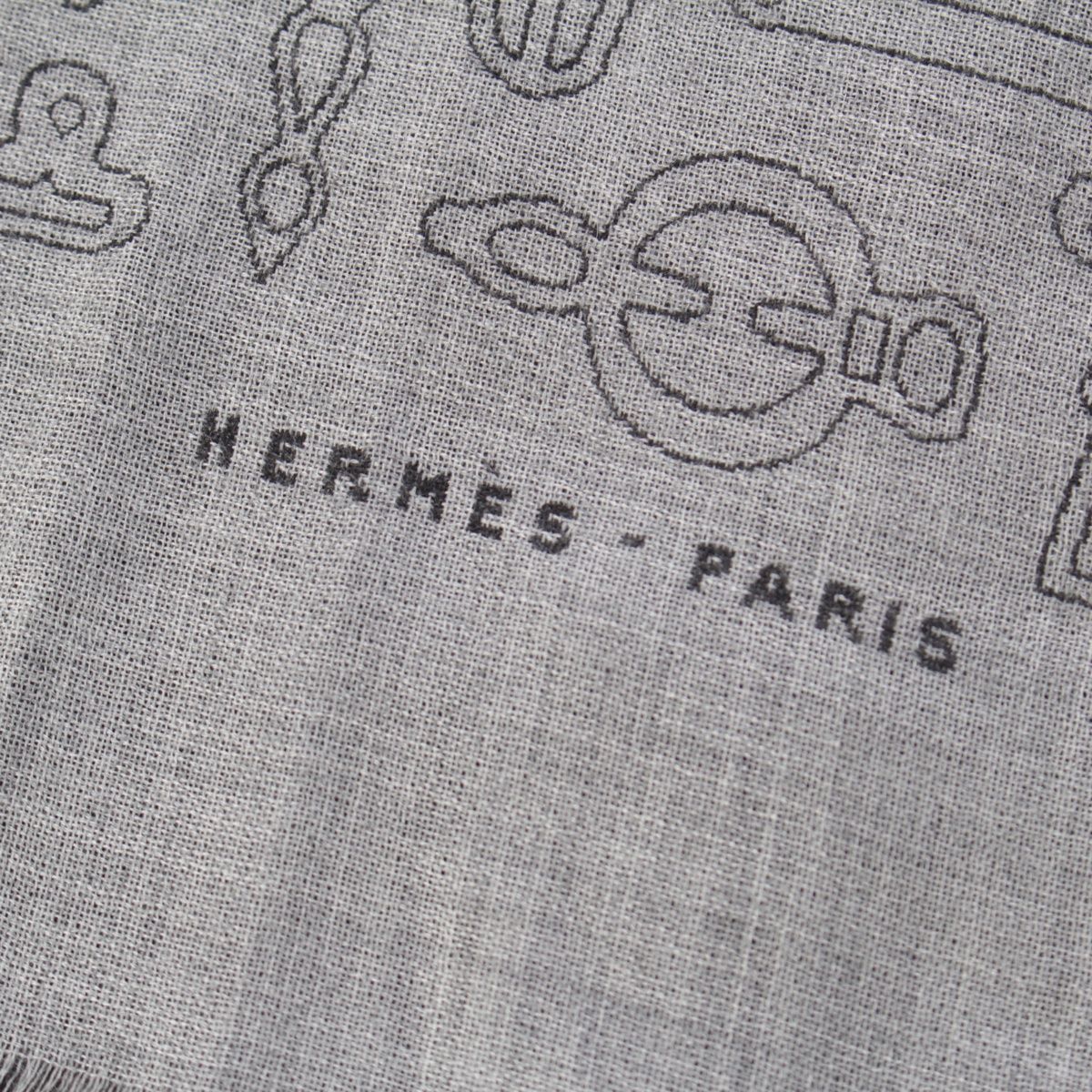 Hermes Cashmere Silk Horse Tack Pattern Large Shawl Scarf Gray — view 7