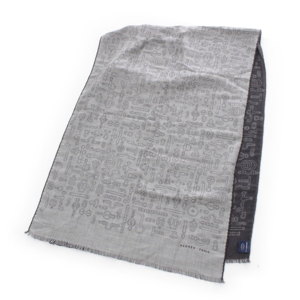 Hermes Cashmere Silk Horse Tack Pattern Large Shawl Scarf Gray