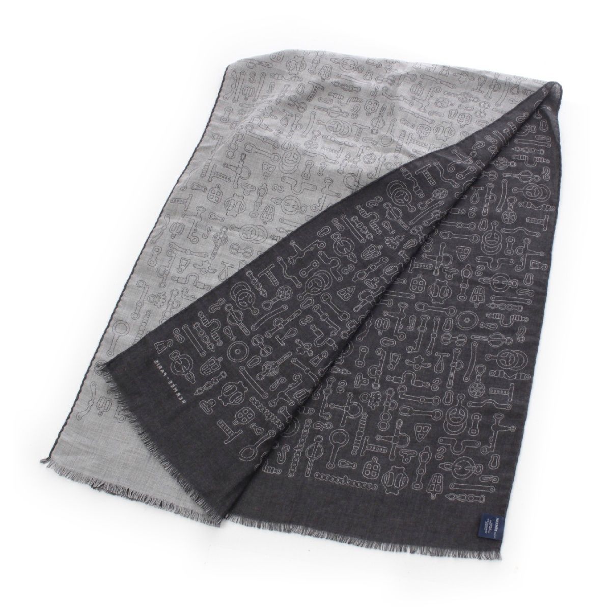 Hermes Cashmere Silk Horse Tack Pattern Large Shawl Scarf Gray — view 2