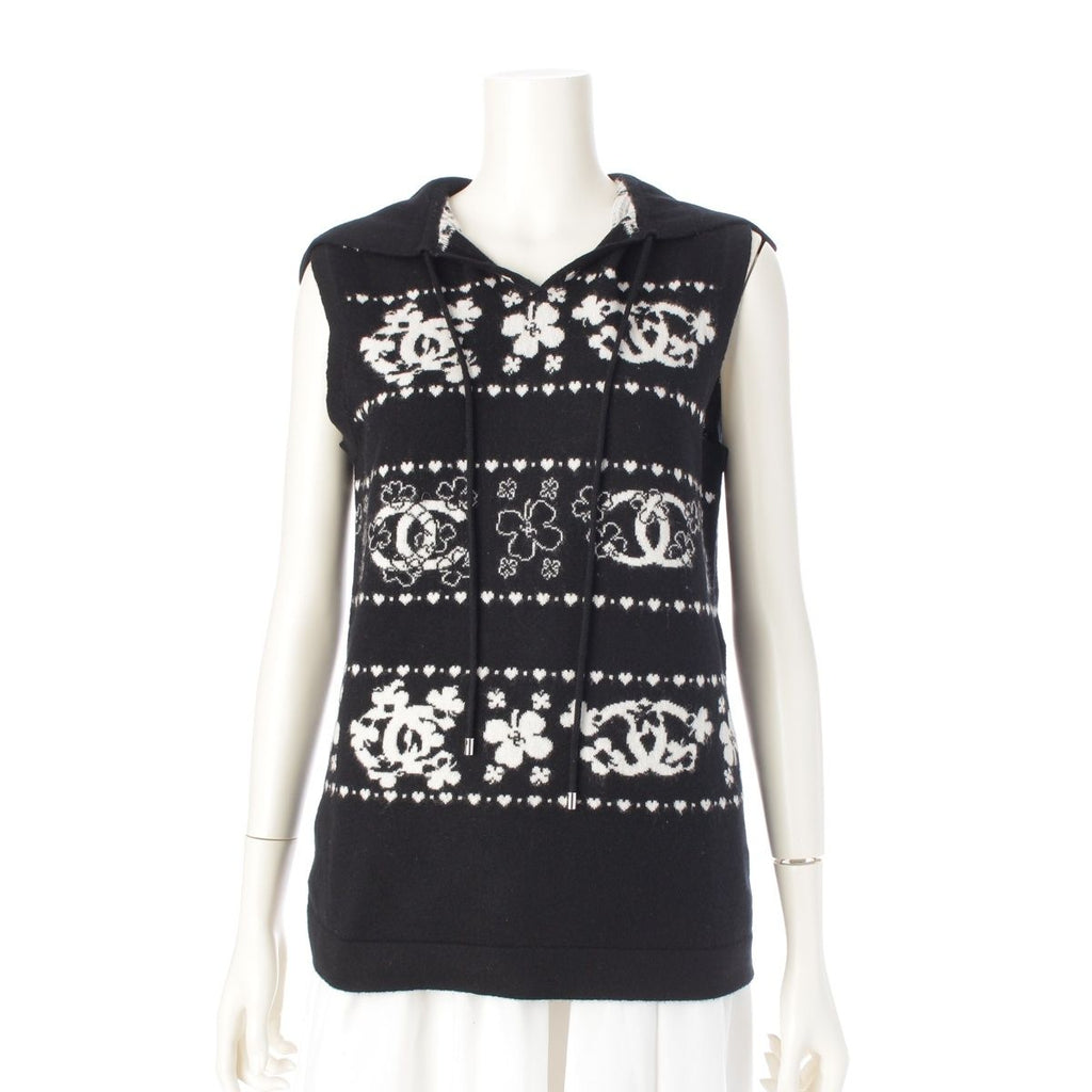 Chanel Cashmere Cotton CC Logo Clover Hoodie Knit Vest Top Black White 38