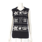 Chanel Cashmere Cotton CC Logo Clover Hoodie Knit Vest Top Black White 38