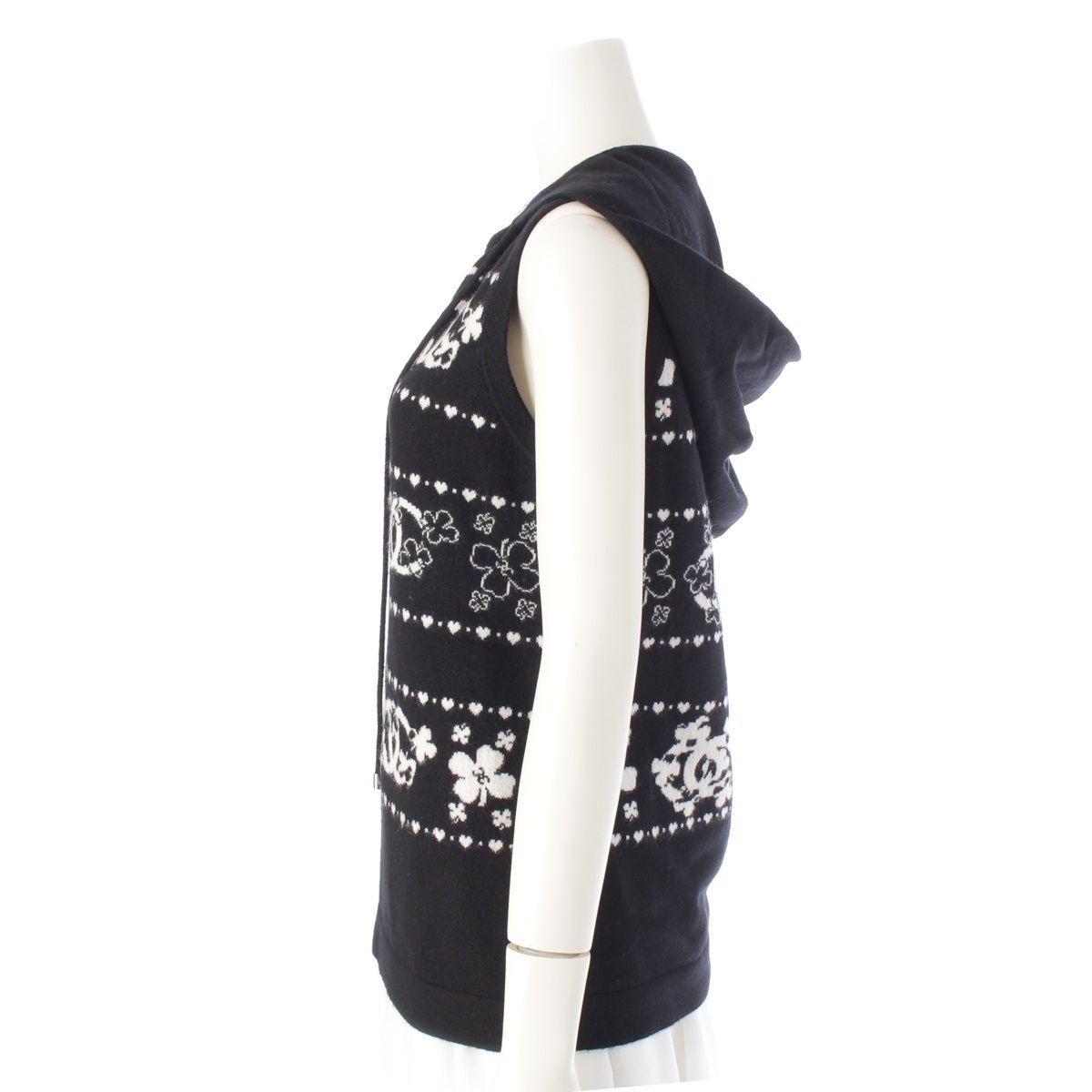 Chanel Cashmere Cotton CC Logo Clover Hoodie Knit Vest Top Black White 38 — view 3
