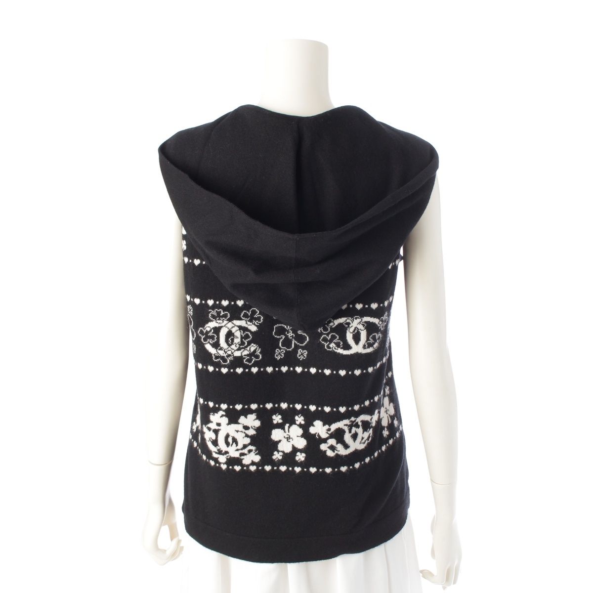 Chanel Cashmere Cotton CC Logo Clover Hoodie Knit Vest Top Black White 38 — view 4