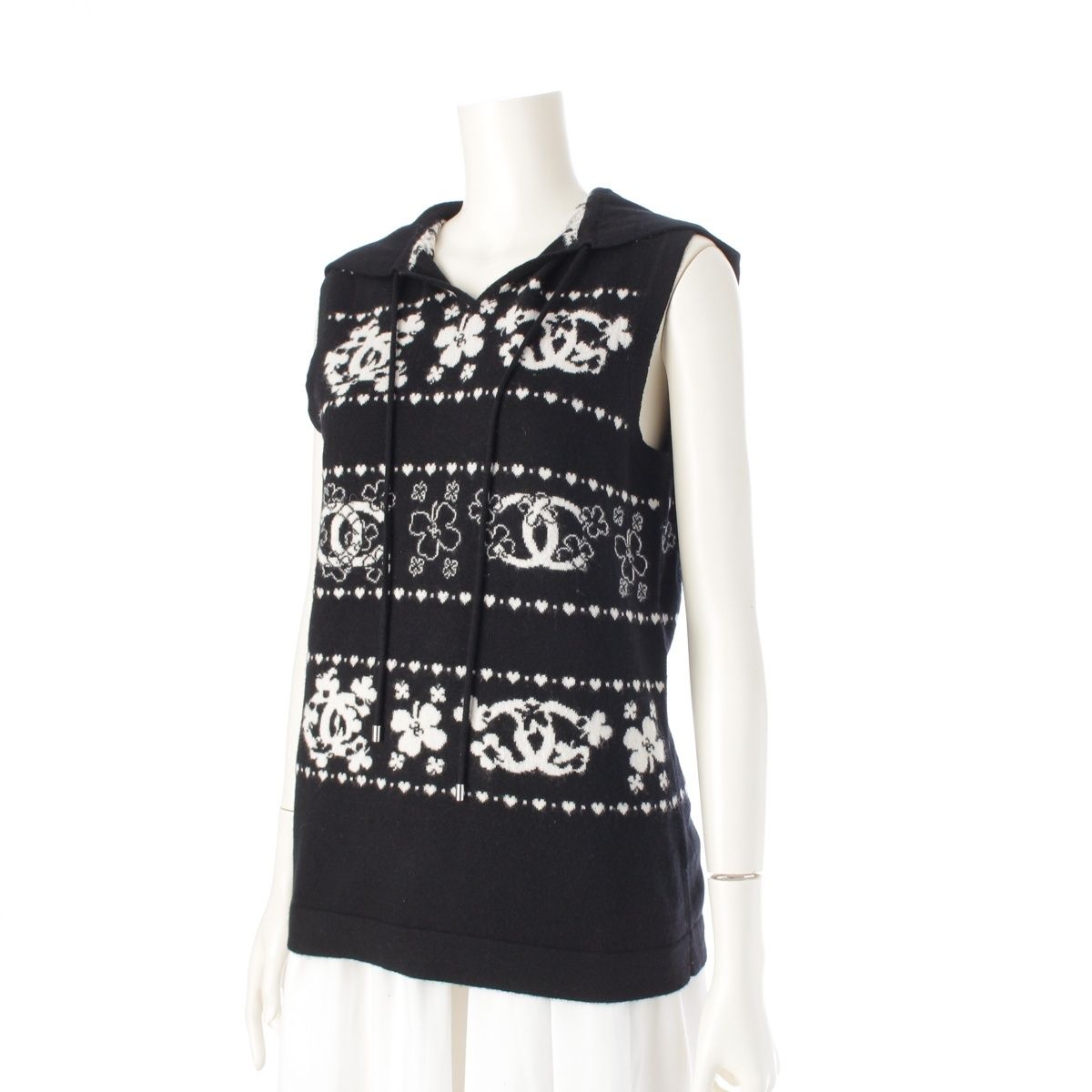 Chanel Cashmere Cotton CC Logo Clover Hoodie Knit Vest Top Black White 38 — view 2