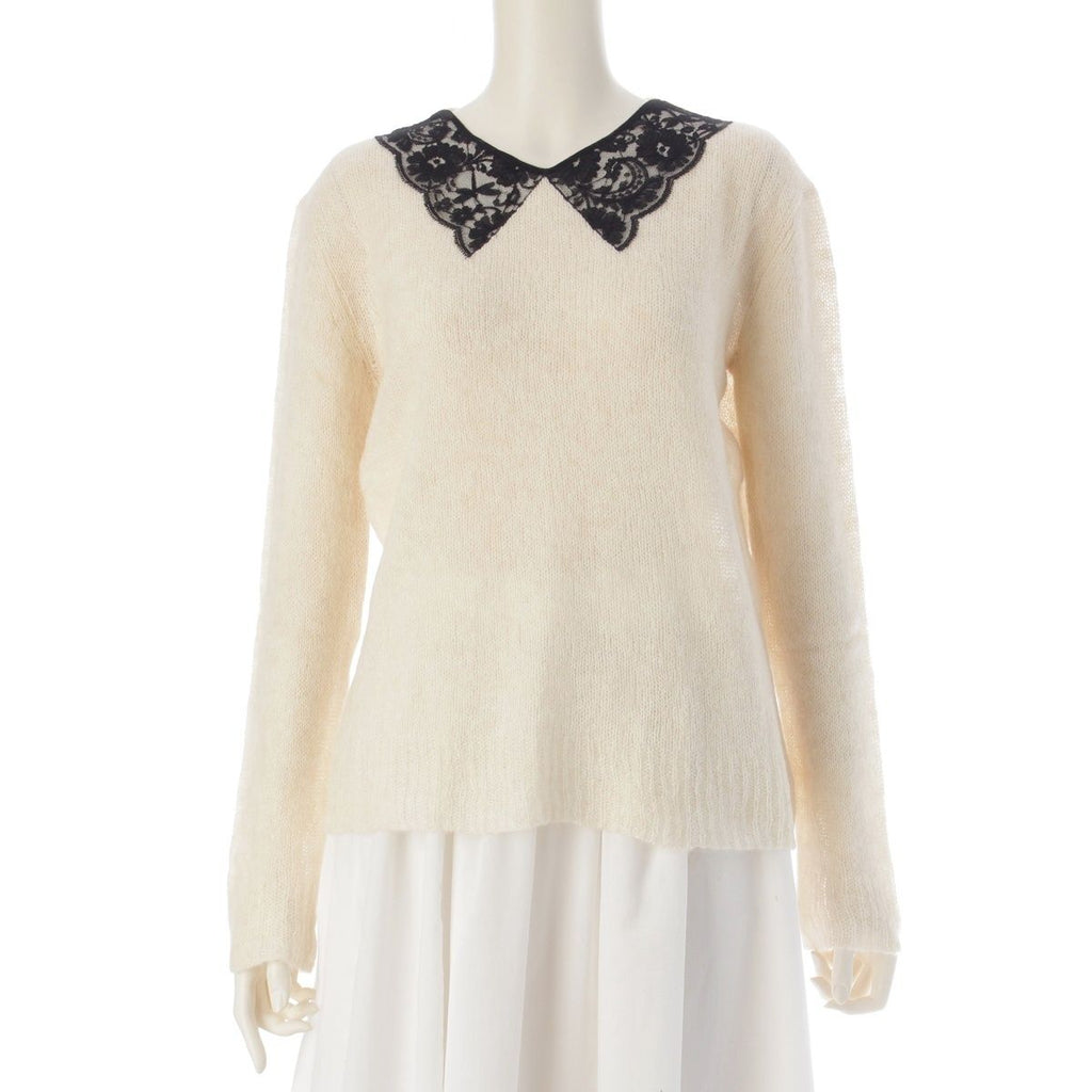 Dior Alpaca Silk Cashmere Collar Lace Sweater Knit Top White Black 36