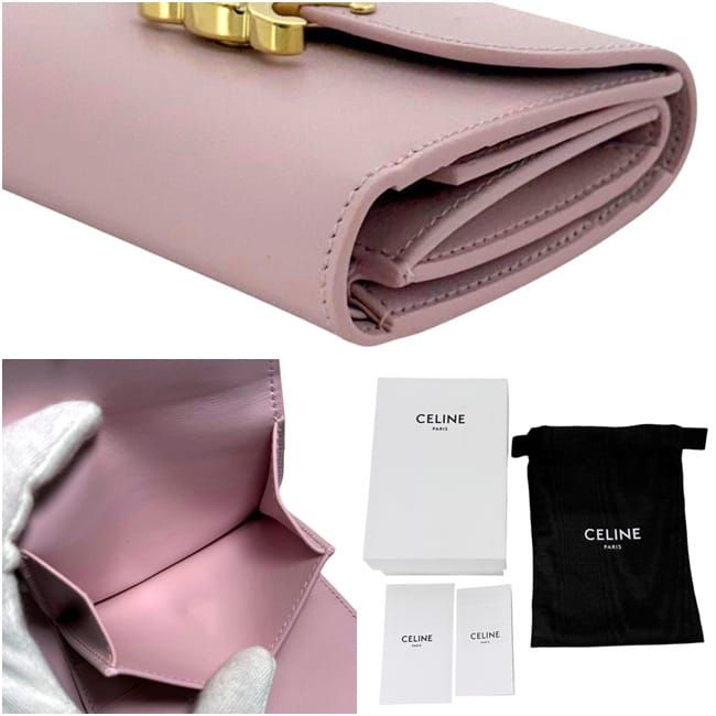 Celine Trifold Wallet Small Flap Triomphe Leather Shiny Calf Skin Pink Compact — view 5