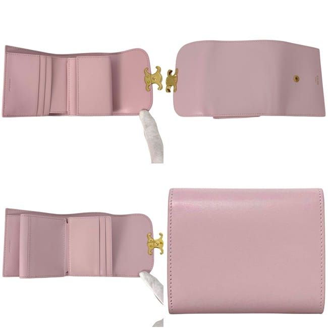 Celine Trifold Wallet Small Flap Triomphe Leather Shiny Calf Skin Pink Compact — view 2