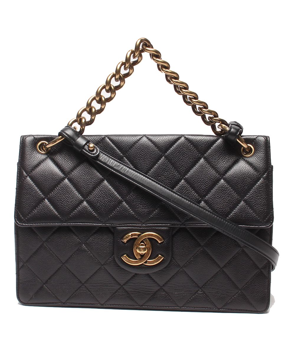 Chanel 2-Way Chain Shoulder Bag Gold Quilted Caviar Leather