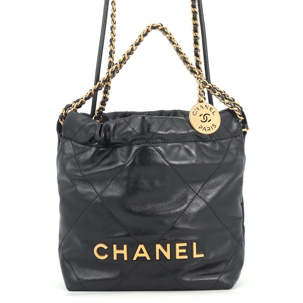 Chanel Handbag 22 Mini CC Logo Shiny Calf Leather 2-Way Shoulder Black