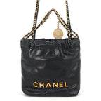 Chanel Handbag 22 Mini CC Logo Shiny Calf Leather 2-Way Shoulder Black