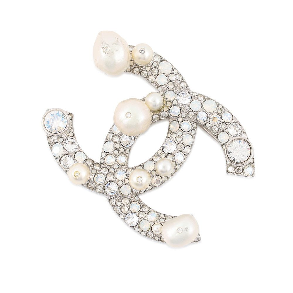 Chanel Brooch CC Logo Rhinestone Faux Pearl Metal 17k