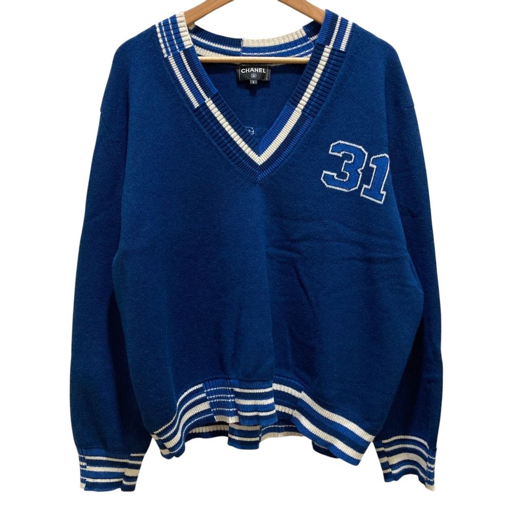 Chanel Numbering Jacquard Neck Cashmere Pullover Knit Sweater S Blue