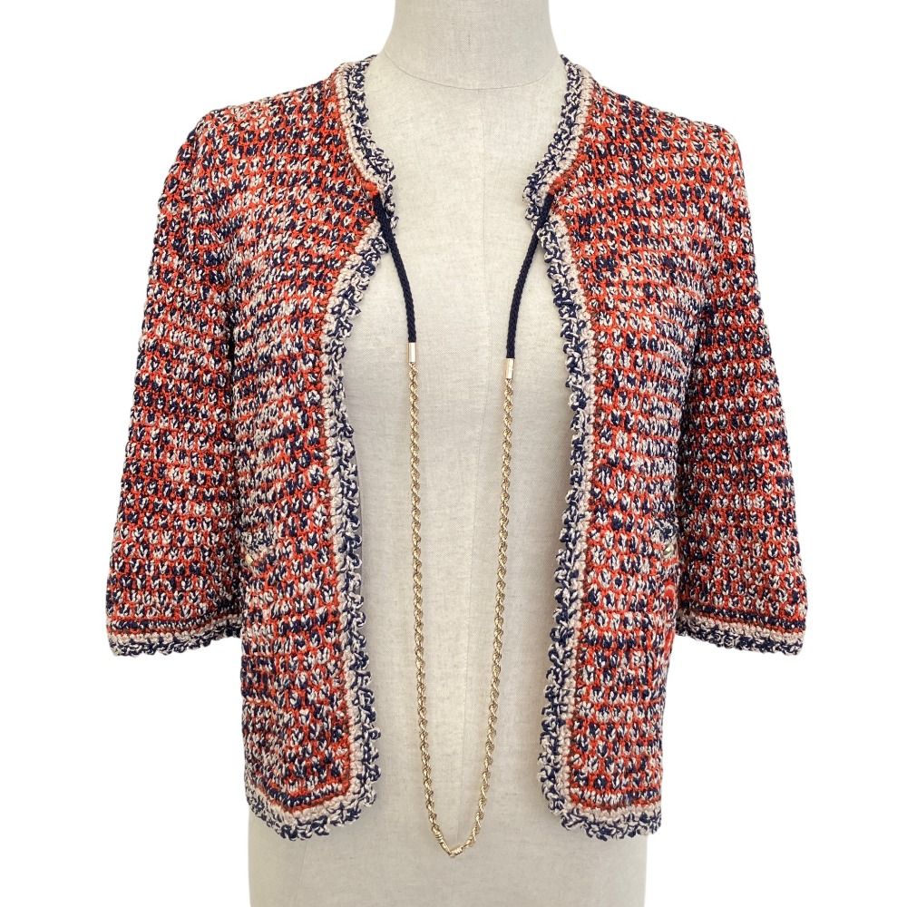 Chanel CC Logo Chain Knit Cardigan 34 Orange Navy