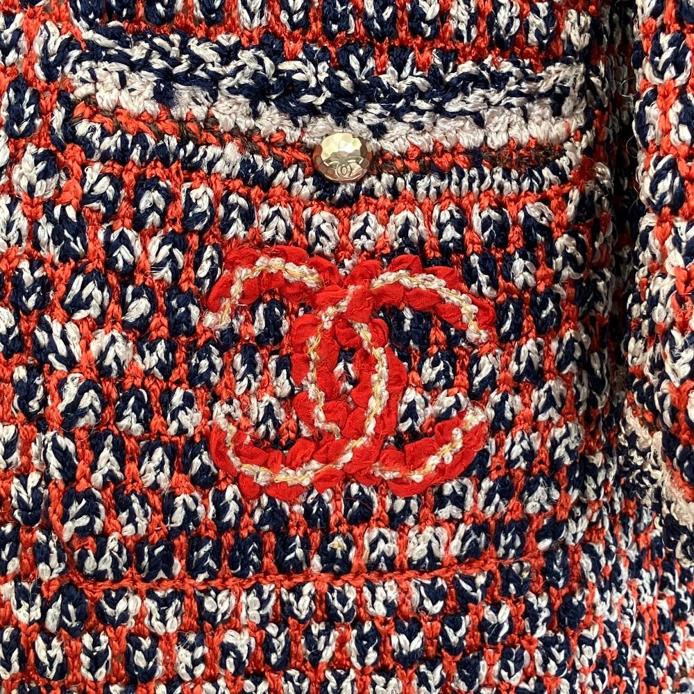 Chanel CC Logo Chain Knit Cardigan 34 Orange Navy — view 4